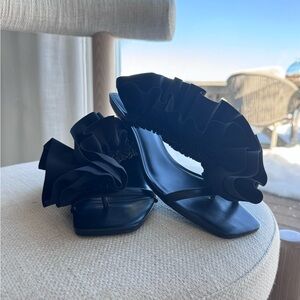 Free People Black Ruffle Mule Heels • Square Toe Statement Sandals • Kitten Heel